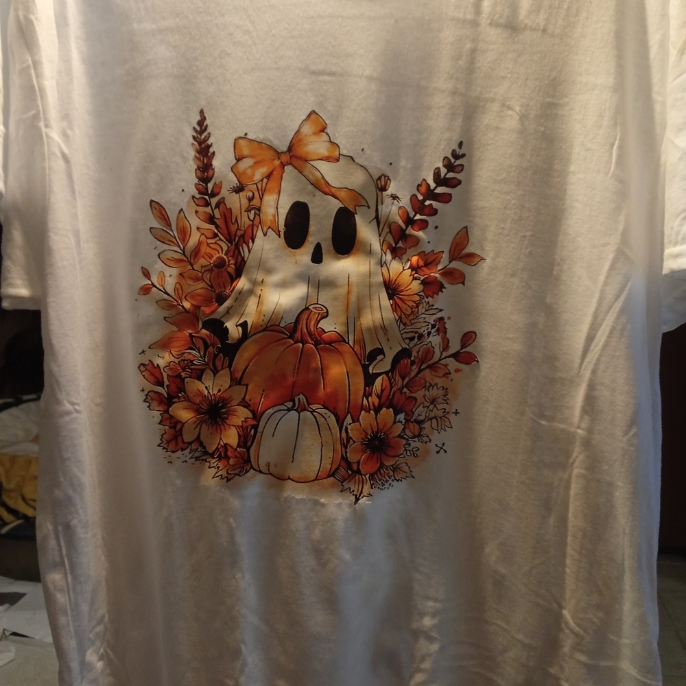 White T-Shirt with Halloween Ghost and Pumpkin Design